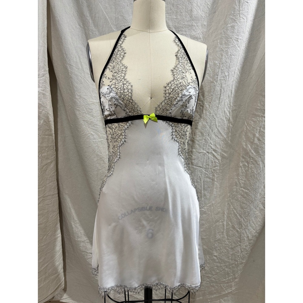 Victorias Secret White Satin Black Lace Halter Slip Dress Nightgown Small NWT